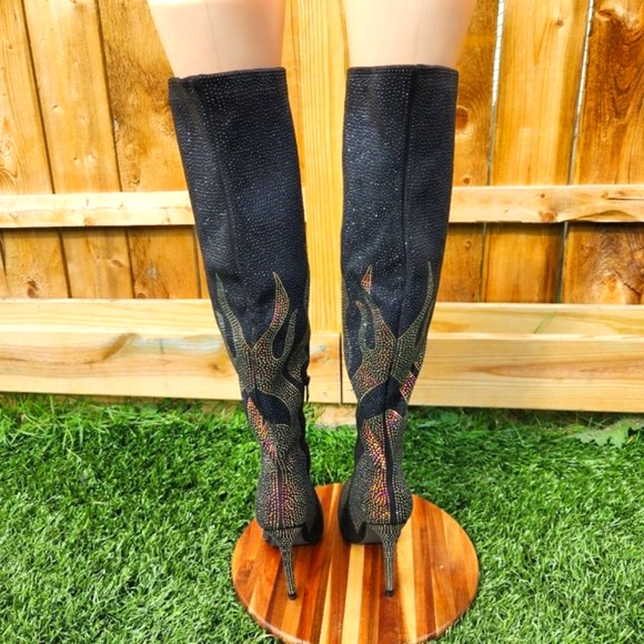 Sexy & Fun Black & Gold Rhinestone Flame Detail Sexy OTK Thigh Boots - Picture 3 of 16